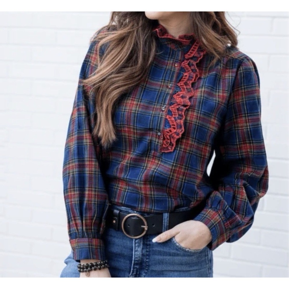 Jodifl Blue Red Plaid Ruffle Trim Statement Blouse Top Size L Puff Sleeve Boho